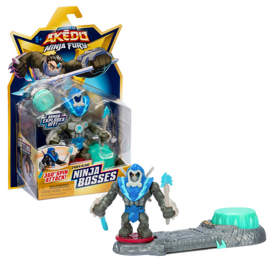 Image showing Akedo brand ninja boss Cyber Blade in its packaging and outside the packaging. Cyber Blade is grey with a blue armor.