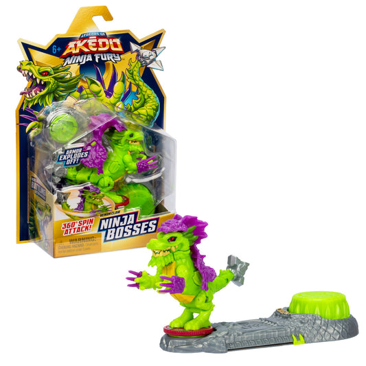 Image showing Akedo brand ninja boss Venom Claw in its packaging and outside the packaging. Venom Claw is green with a purple mane