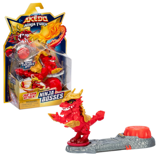 Image showing Akedo brand ninja boss Scorched Claw in its packaging and outside the packaging. Scorched Claw is red with a yellow mane