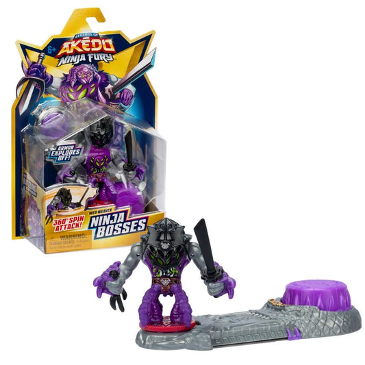 Image showing Akedo brand ninja boss Web Weaver in its packaging and outside the packaging. Web Weaver is purple with a grey armor.