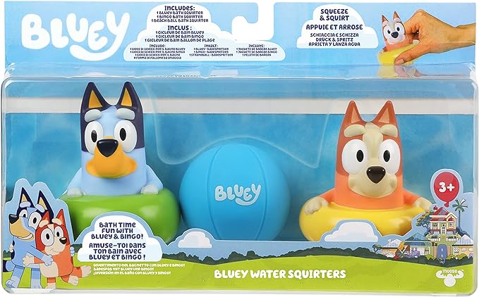 water bath squirters with characters Bluey and Bingo from the popular Bluey brand