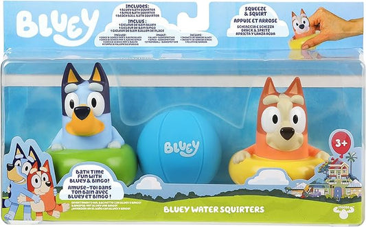 water bath squirters with characters Bluey and Bingo from the popular Bluey brand