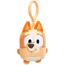 Plush backpack clip character named Bingo from the popular bluey brand who is a red heeler female dog.