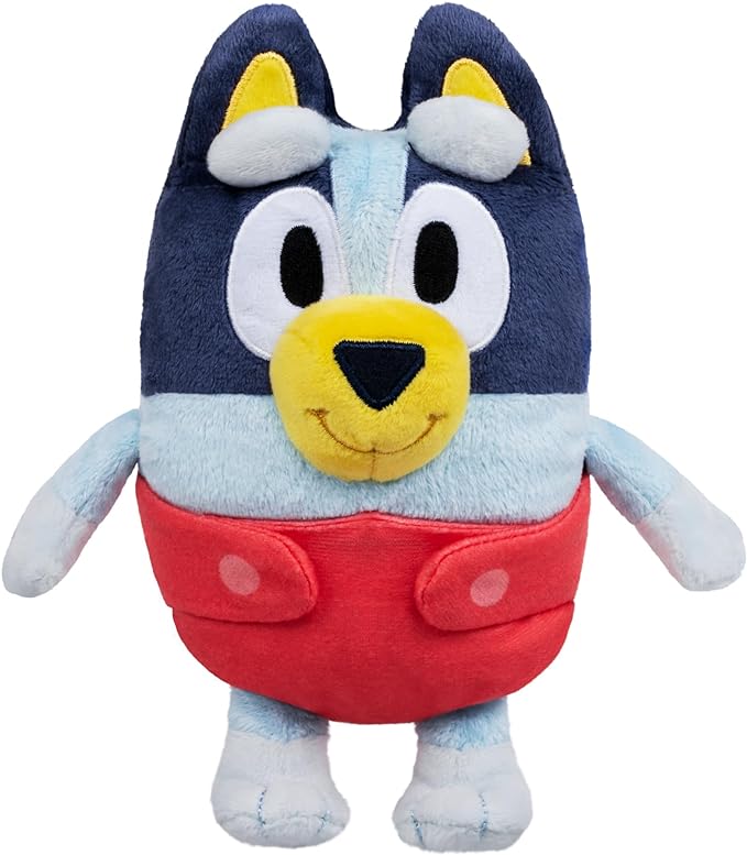 Plush toy character named Bluey from the popular bluey brand who is a blue heeler female dog wearing a red diaper.