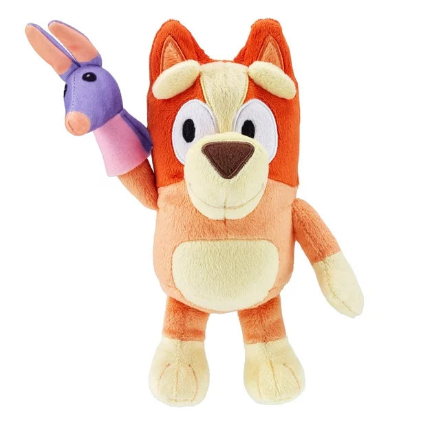 Plush toy character named Bingo from the popular bluey brand who is a red heeler female dog wearing a bob bilby hand puppet on her right hand.