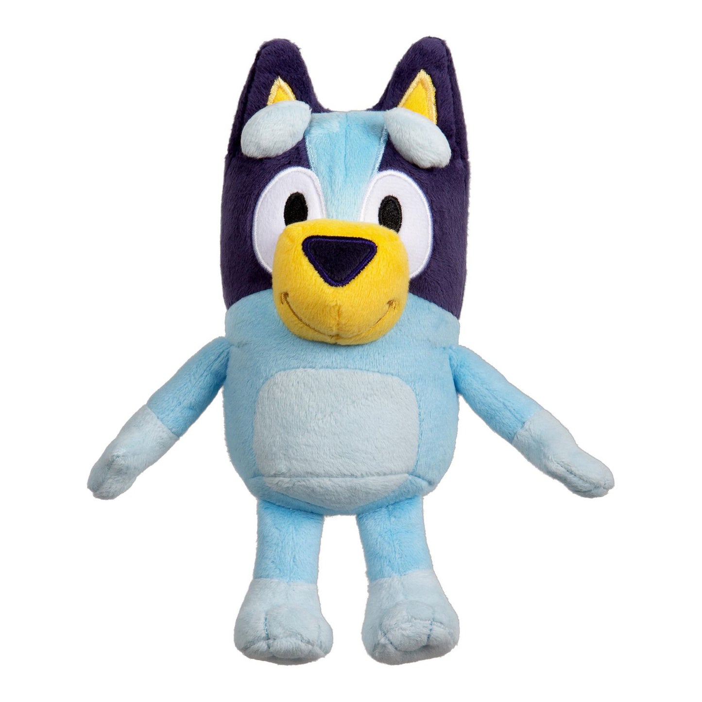 Plush toy character named Bluey from the popular bluey brand who is a blue heeler female dog.