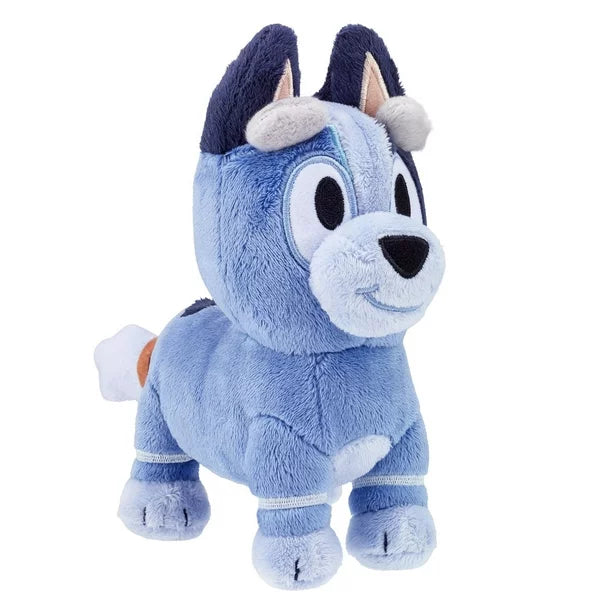 Side view of the plush toy character named Socks from the popular bluey brand who is a blue heeler female dog.