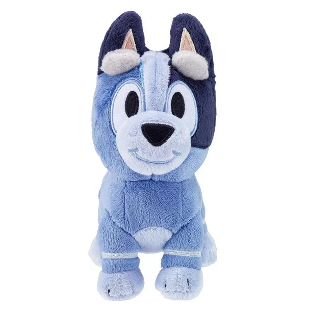 Front view of the plush toy character named Socks from the popular bluey brand who is a blue heeler female dog.